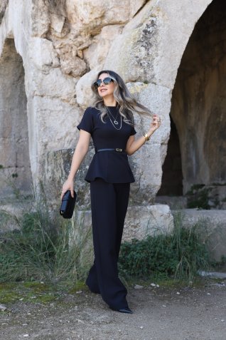 Siyah İnce Kemerli Kısa Kol Tulum