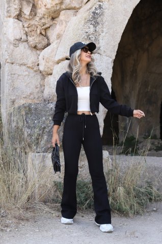 Siyah Kapüşonlu Dikiş Detaylı İspanyol Pantolon Takım