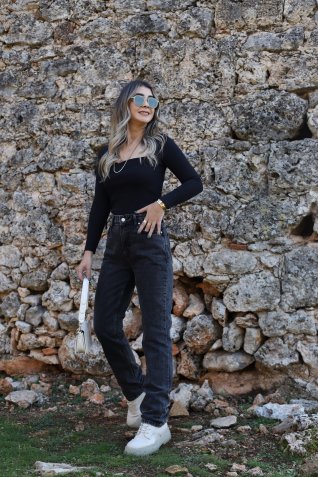 Sİyah Kar Yıkama Straight Jean