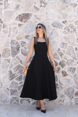 Siyah Kare Yaka Arkadan Bağlamalı Midi Elbise