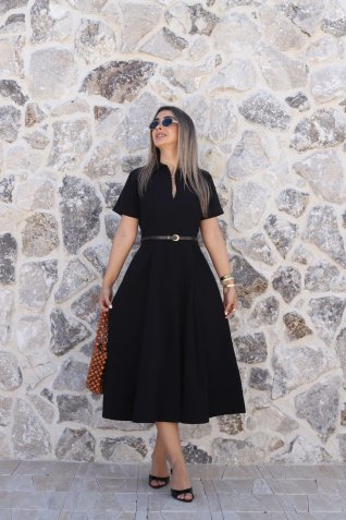 Siyah Kemerli Önden Fermuarlı Elbise