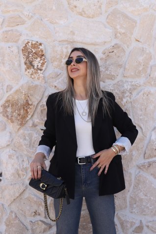 Siyah Keten Çizgili Astarlı Blazer