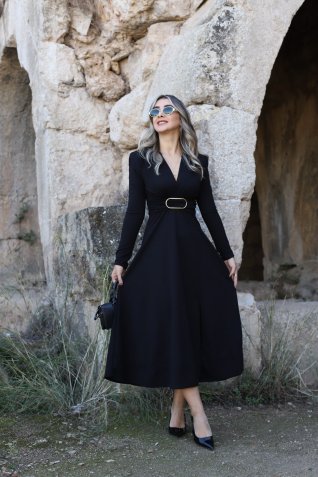 Siyah Kloş Gold Kemerli Elbise
