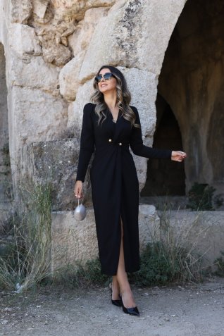 Siyah Kruvaze İnci Detay Elbise