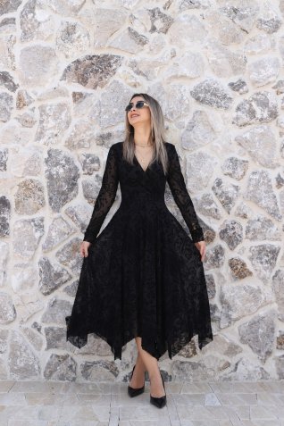 Siyah Kruvaze Kadife Elbise