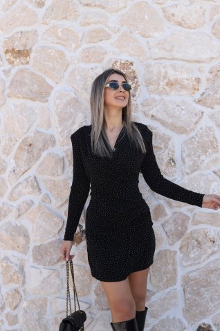 Siyah Kruvaze Taş İşlemeli Kısa Elbise