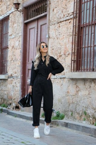 Siyah Omuz Detay Tulum