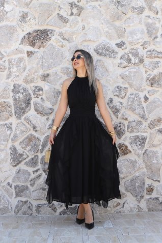 Siyah Önü Büzgülü Fırfırlı Şifon Elbise