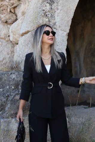 Siyah Oversize Kendinden Kemerli Blazer Ceket