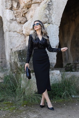 Siyah Payetli Kruvaze Elbise