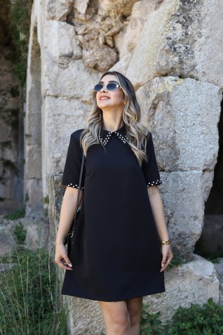 Siyah Polo Yaka Taş İşleme Elbise