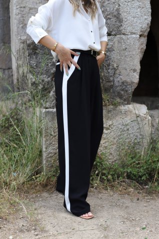Siyah Saten Şeritli Palazzo