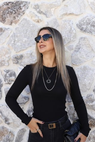 Siyah Sıfır Yaka Fitilli Bluz