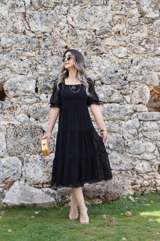 Siyah Şifon Balon Kol Elbise 