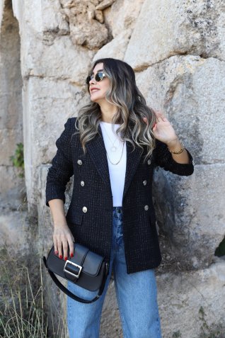 Siyah Simli Karışık Desen Kruvaze Blazer