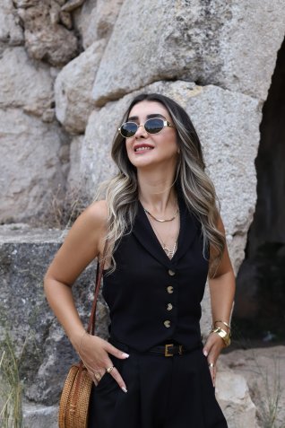 Siyah Sırt Dekolte Keten Yelek