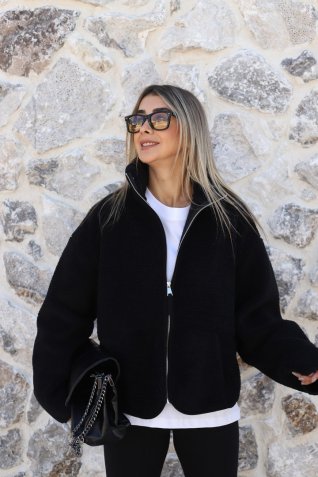 Siyah Standart Beden Fermuarlı Peluş Ceket