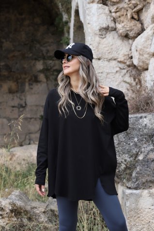 Siyah Standart Beden Oversize Yırtmaçlı Basic