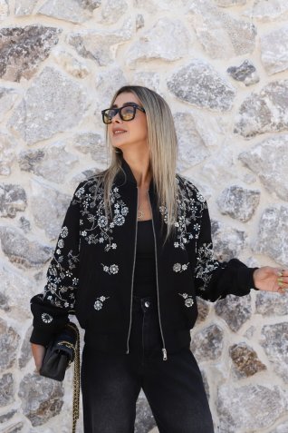 Siyah Taş İşlemeli Premium Bomber Ceket
