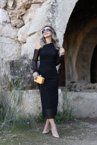 Siyah Taşlı Tek Omuz Elbise