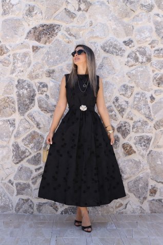 Siyah Üç Boyutlu Çiçekli Elbise