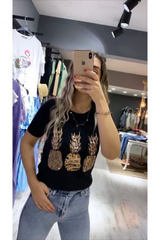 Siyah Üçlü Ananas Detay Tshirt