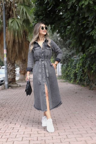 Siyah Uzun Kemerli Cepli Jean Elbise