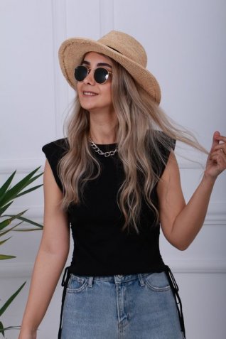 Siyah Vatkalı Yanı Büzgülü Bluz