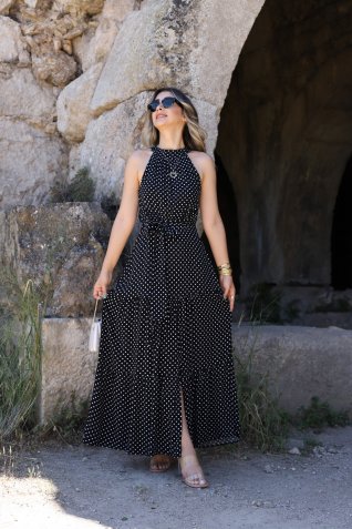 Siyah Viskon Puantiyeli Halter Yaka Elbise