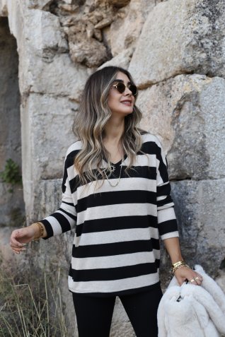 Siyah Vizon Çizgili Yarasa Model Yumoş Bluz