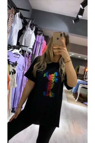 Siyah Yaldız Baskı Mickey Detay Tshirt