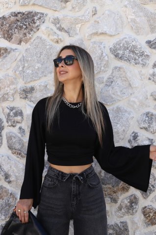 Siyah Yan Büzgülü Yarasa Kol Bluz