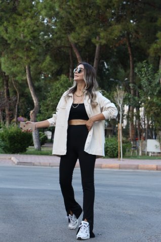 Siyah Yırtmaç Detay Tayt Pantalon