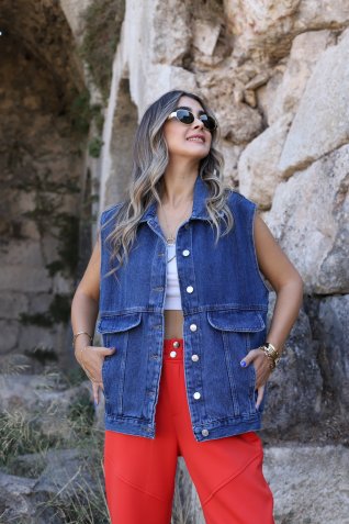 Standart Beden Çift Cepli Kot Yelek