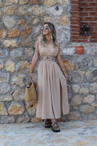 Sütlü Kahve Bel Lastik Detay Helen Elbise