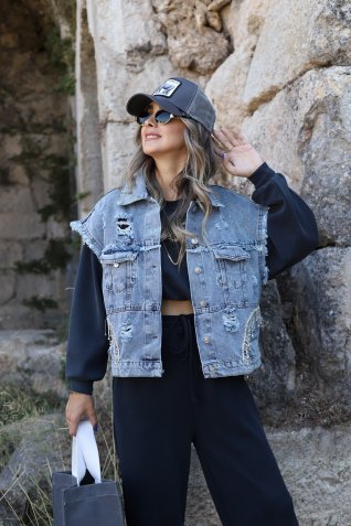 Taş Detaylı Jean Yelek