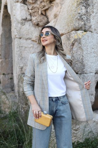 Taş Ekose Desen Kol Büzgü Blazer