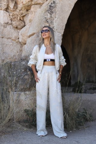 Taş Saten Leopar Ceket Pantolon Takım