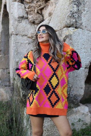 Turuncu Standart Beden Nurseli Desen Balıkçı Yaka Kazak