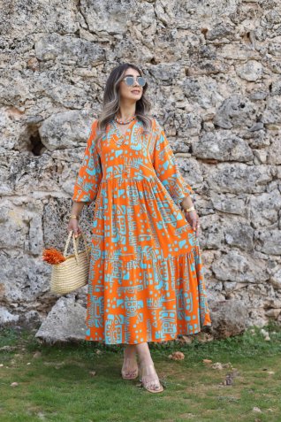 Turuncu-Yeşil Lina Model Elbise