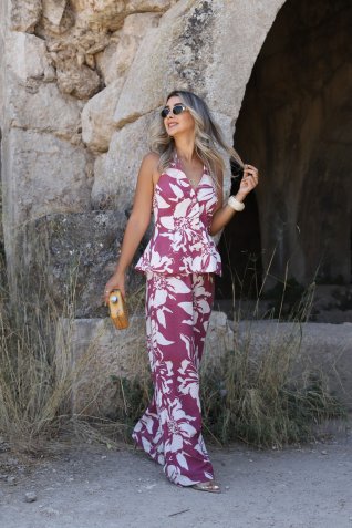 Vişne Çürüğü Boyundan Geçirmeli Bluz Keten Takım