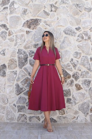 Vişne Kemerli Önden Fermuarlı Elbise