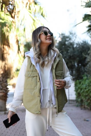 Yağ Yeşili Garnili Kapşonlu Yelek