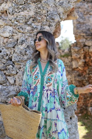 Yeşil-Bej Katleya Model Elbise