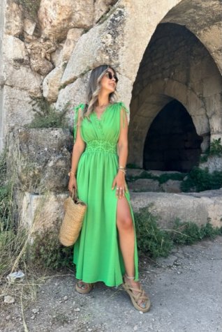 Yeşil Bel Detay Helen Elbise