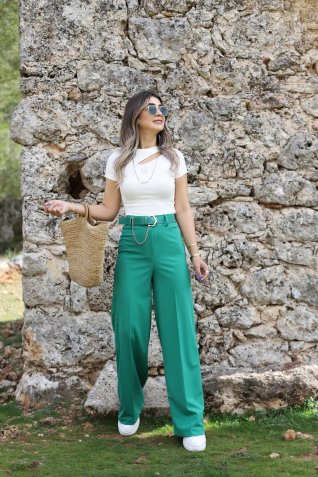 Yeşil Bol Paça Kendinden Kemerli Palazzo