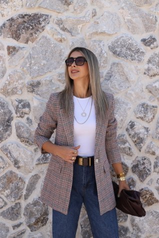 Yeşil Bordo Ekru Astarlı Kazayağı Blazer