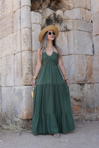 Yeşil Büzgü Detay Boyun Bağlamalı Salaş Elbise