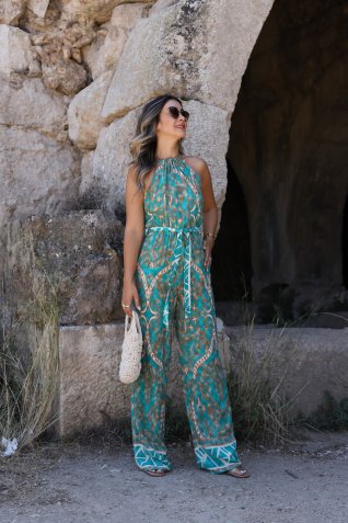 Yeşil Çiçek Desen Halter Yaka Tulum