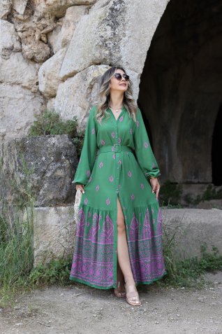 Yeşil Eteği Pembe Desenli Kemerli Elbise